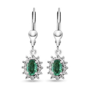 Zambian Emerald ,  White Zircon  Solitaire Lever Back Earring in Platinum Overlay Sterling Silver  1