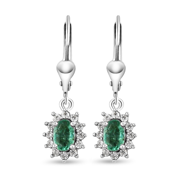 Zambian Emerald ,  White Zircon  Solitaire Lever Back Earring in Platinum Overlay Sterling Silver  1