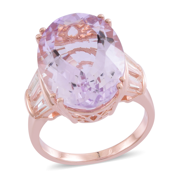 17 Ct Rose De France Amethyst and White Topaz Soliatire Ring in Rose Gold Plated Sterling Silver