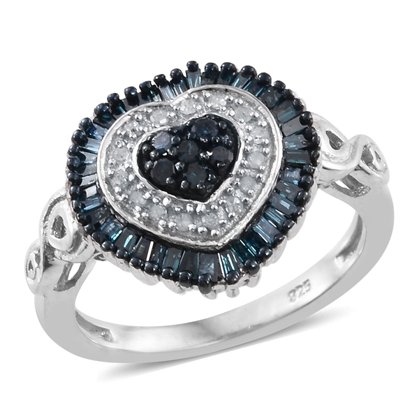 Blue Diamond (Rnd), White Diamond Heart Ring in Platinum Overlay Sterling Silver 0.505 Ct.