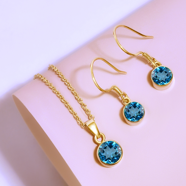 2 Piece Set - Swiss Blue Topaz Pendant and Hook Earrings in 14K Gold Overlay Sterling Silver With Stainless Steel Chain (Size 20), 3.72 Ct., Silver Wt. 5.56 Gms