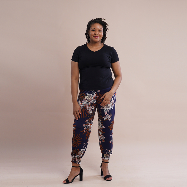 TAMSY  Floral Printed Trousers - Navy and White