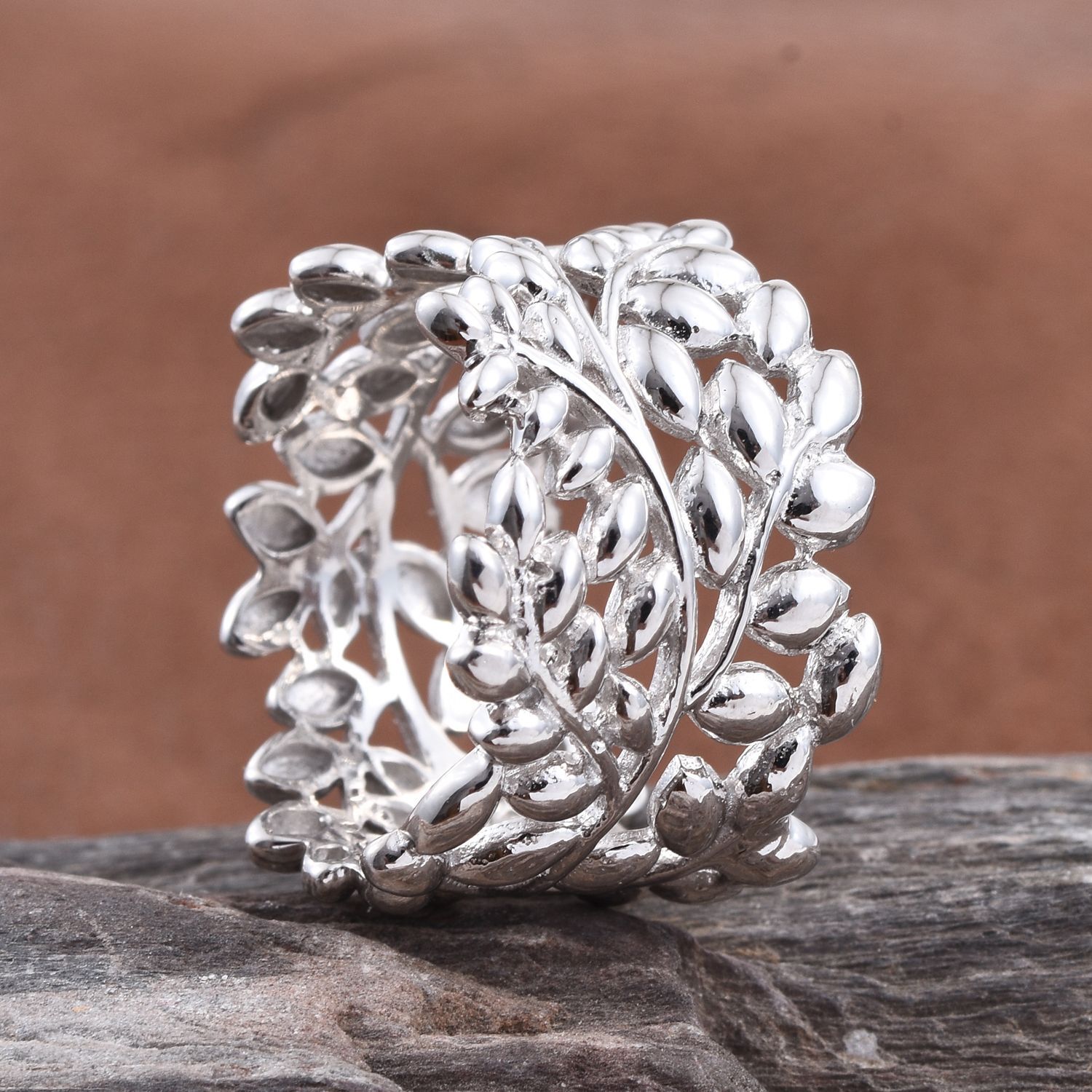 Designer Inspired Platinum Overlay Sterling Silver Olive Leaves Ring, Silver wt 5.44 Gms.