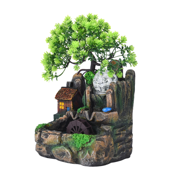 Home Decorative Forest Theme Water Fountain with LED Light (Size 19x18 Cm)