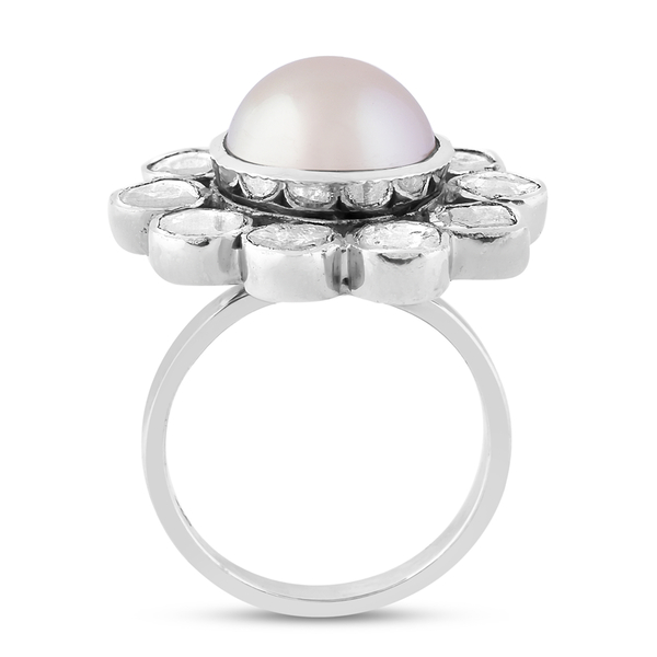 Artisan Crafted South Sea Pearl and Polki Diamond Ring in Platinum Overlay Sterling Silver, Silver wt. 5.27 Gms