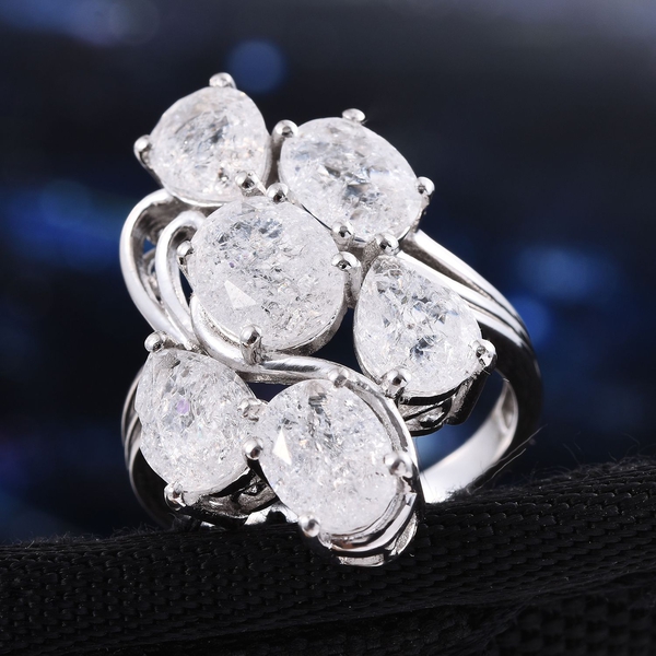 Diamond Crackled Quartz (Ovl 1.75 Ct) Ring in Platinum Overlay Sterling Silver 7.500 Ct.
