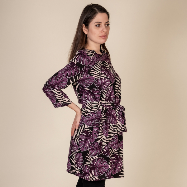 TAMSY Leaf Printed Plum Dress (Size L,16-18) - Black & Purple