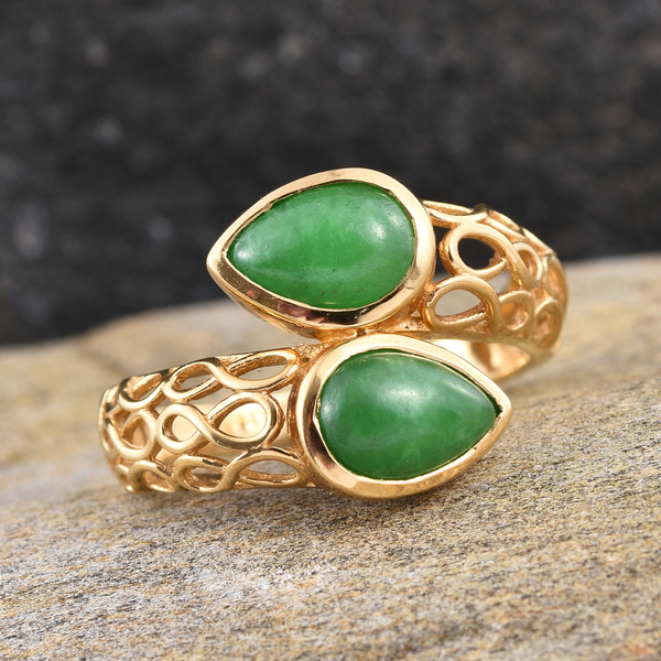 Green Jade (Pear) Crossover Ring in 14K Gold Overlay Sterling Silver 3.000 Ct.