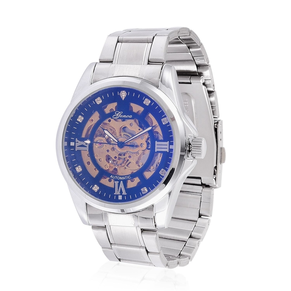 GENOA Automatic Skeleton Champagne Colour Austrian Crystal Studded Blue Dial Water Resistant Watch i
