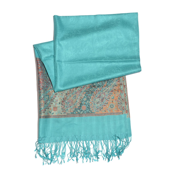 SILK MARK - 100% Superfine Silk Multi Colour Floral and Leaves Pattern Larimar Colour Jacquard Jamawar Shawl with Fringes (Size 180x70 Cm) (Weight 125-140 Grams)