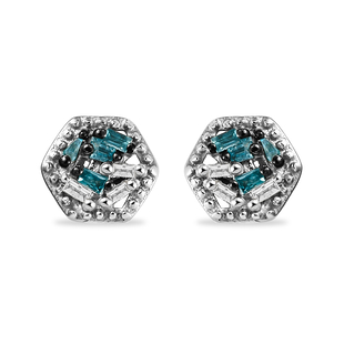 Blue and White Diamond (Bgt) Stud Earrings (with Push Back) in Platinum Overlay Sterling Silver