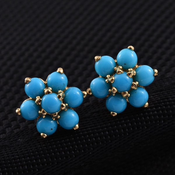 Arizona Sleeping Beauty Turquoise (Rnd) Floral Stud Earrings (with Push Back) in 14K Gold Overlay Sterling Silver 1.750 Ct.