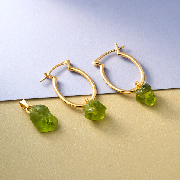2 Piece Set - Peridot Arizona Pendant and Detachable Hoop Earrings with Clasp in 14K Gold Overlay Sterling Silver 11.92 Ct.