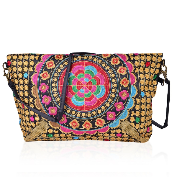 Shanghai Collection Multi Colour Floral Embroidered Clutch or Sling Bag with Removable Shoulder Stra