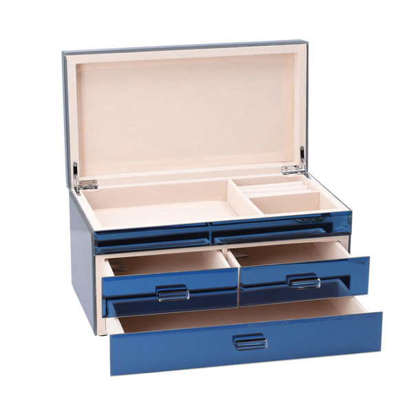 3 Layer Glass Mirrored Jewellery Box with Three Drawer and Velvet Inner Lining (Size 31x17x16cm) - Blue