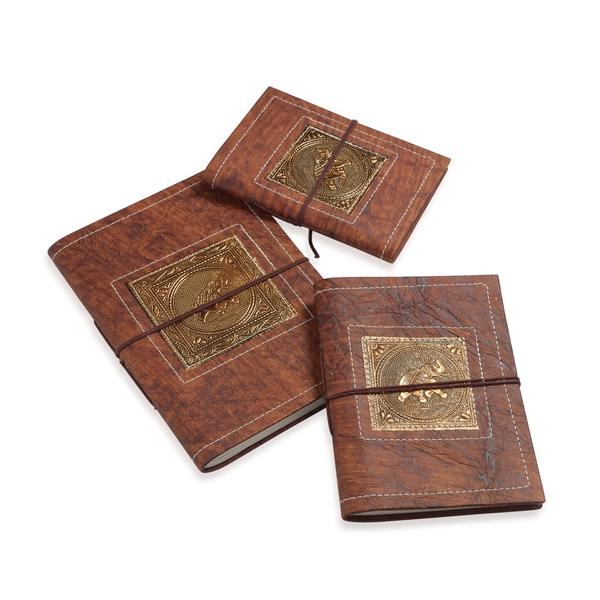 Set of 3 - Elephant Pattern Chocolate Colour Handmade Paper Journal with Sequins in Gold Tone