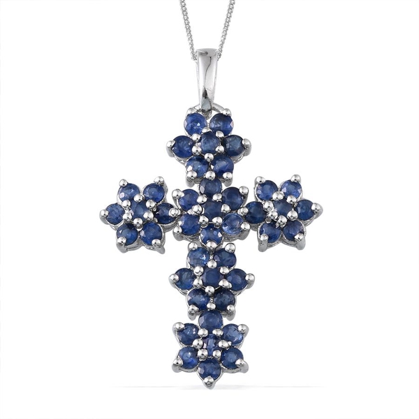 Kanchanaburi Blue Sapphire (Rnd) Floral Cross Pendant With Chain in Platinum Overlay Sterling Silver
