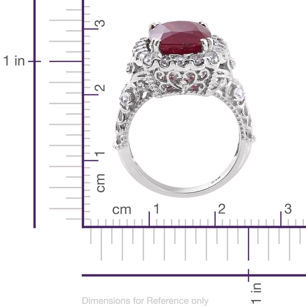 Designer Inspired - AAA African Ruby (Cush 8.00 Ct), Natural Cambodian Zircon Ring in Platinum Overlay Sterling Silver 9.500 Ct. Silver wt 5.80 Gms.