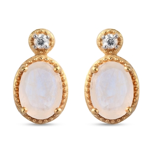 Rainbow Moonstone and Natural Cambodian Zircon Stud Earrings (with Push Back) in 14K Gold Overlay St