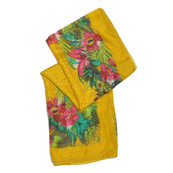 100% Mulberry Silk Yellow, Pink and Multi Colour Handscreen Floral and Leaves Printed Scarf (Size 200X180 Cm)