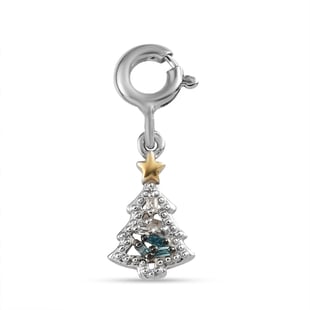 Blue and White Diamond Christmas Tree Charm in Platinum and Yellow Gold Overlay Sterling Silver
