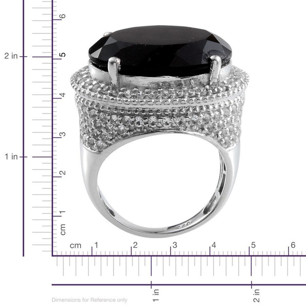 Boi Ploi Black Spinel (Ovl 19.00 Ct), White Topaz Ring in Platinum Overlay Sterling Silver 21.250 Ct.