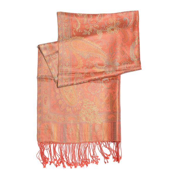 SILK MARK - 100% Superfine Silk Red and Multi Colour Jacquard Scarf with Fringes (Size 180x70 Cm) (Weight 125 - 140 Grams)