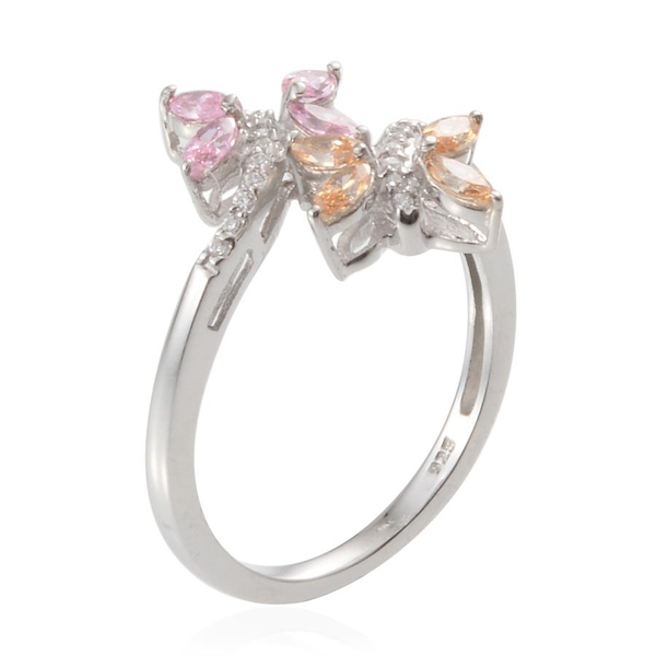 Lustro Stella - Platinum Overlay Sterling Silver (Mrq) Crossover Ring Made With Pink, Yellow and White  ZIRCONIA 0.784 Ct.