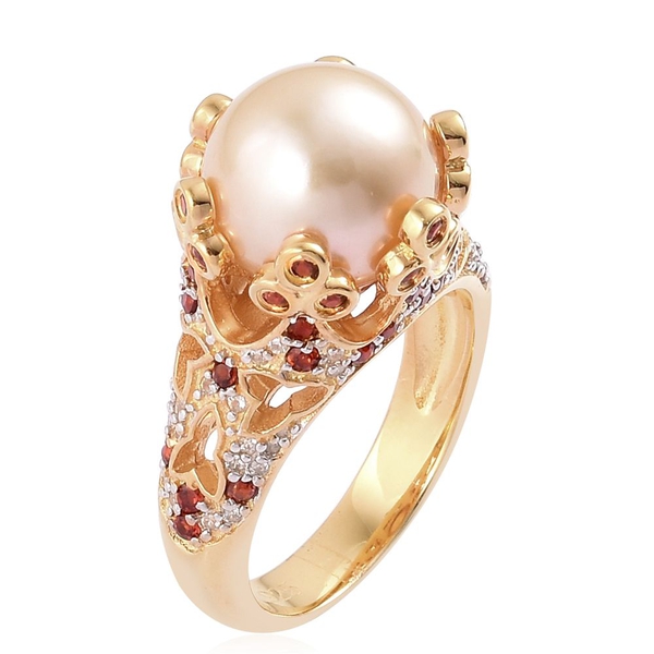 Very Rare South Sea Golden Pearl (Rnd 11.5-12mm), Mozambique Garnet and White Zircon Ring in Yellow Gold Overlay Sterling Silver