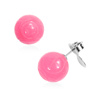 Carved Pink Jade Stud Earrings (with Push Back) in Sterling Silver 8.00 Ct.