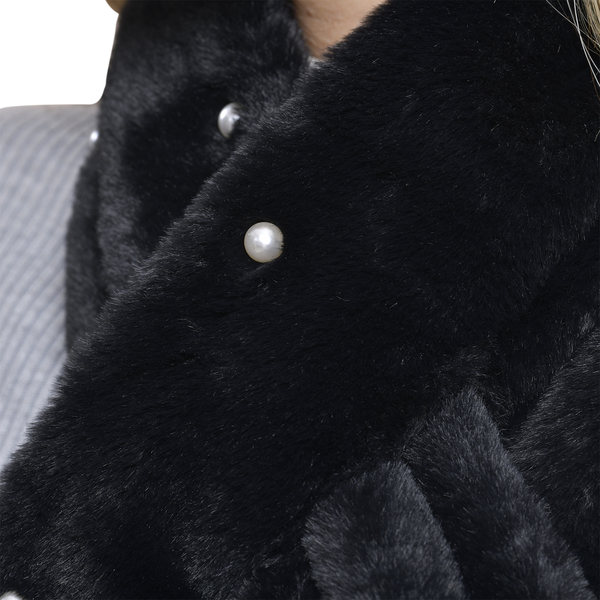 Faux Fur Scarf with Beads (Size 175x65 Cm) - Black