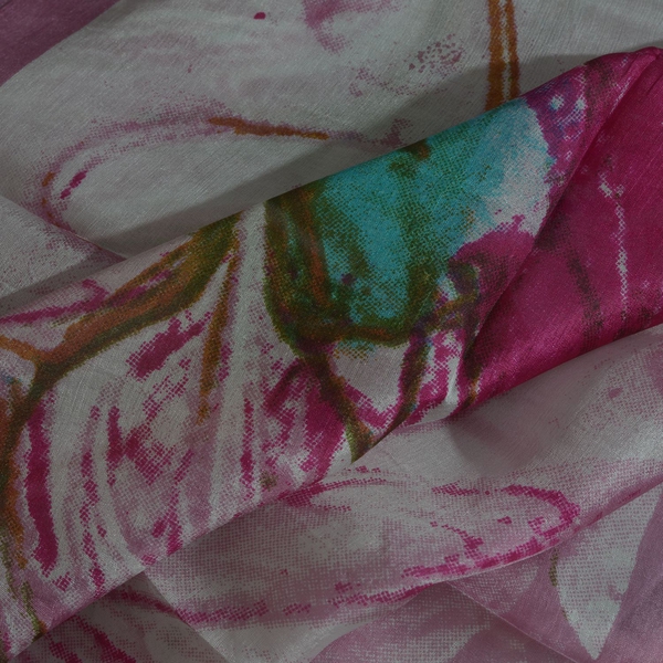 100% Mulberry Silk Pink, White and Multi Colour Handscreen Floral Printed Scarf (Size 180X50 Cm)