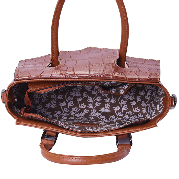 100% Genuine Leather Litchi and Croc Pattern Tote Bag with Detachable and Adjustable Shoulder Strap (Size31x9x23cm) - Brown