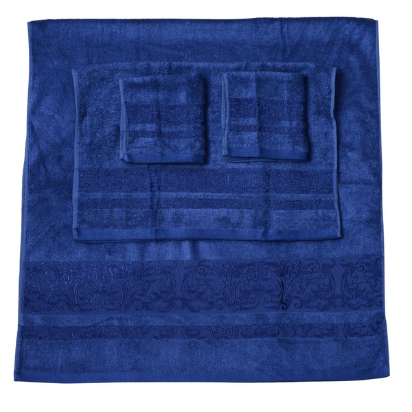 Dark Blue Colour Set of 4 Bamboo Cotton Towels 1 Bath Towel (Size 130x65 Cm), 2 Face Cloths (Size 65