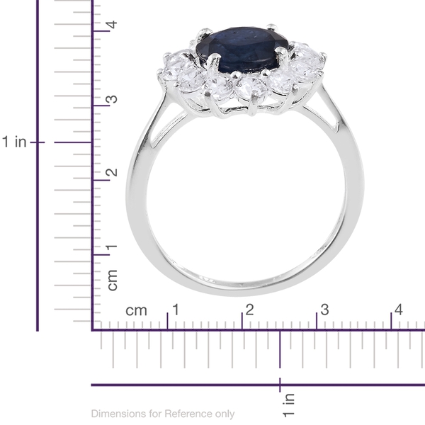 Kanchanaburi Blue Sapphire (Rnd 3.60 Ct), Natural Cambodian Zircon Ring in Sterling Silver 5.500 Ct.