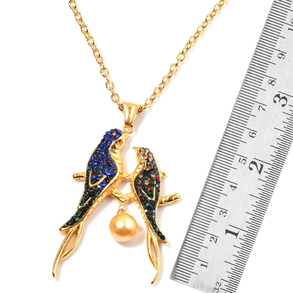 Golden Shell Pearl and Multi Colour Austrian Crystal Birds Pendant With Chain in ION Plated Yellow Gold with Stainless Steel