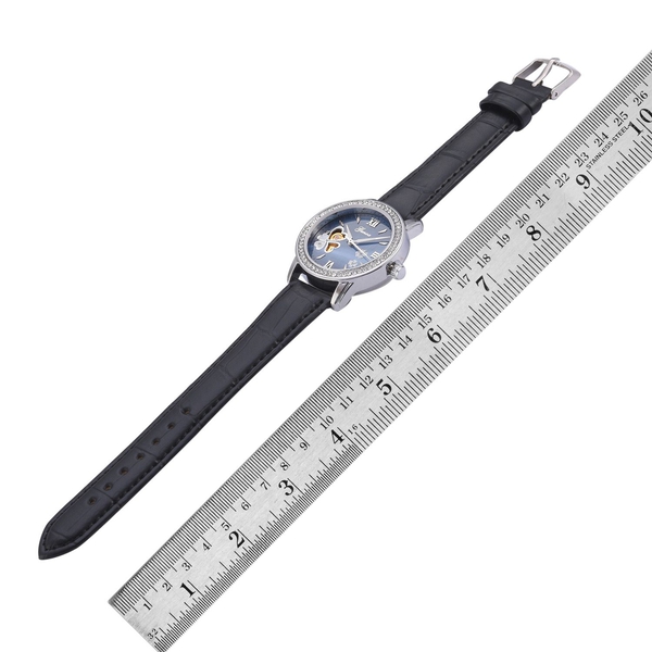 GENOA Automatic Skeleton White Austrian Crystal Studded MOP Floral Blue Dial Water Resistant Watch in ION Plated Silver with Stainless Steel Back and Black Strap