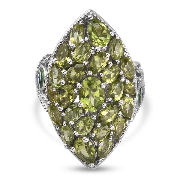 Natural Hebei Peridot Cluster Enamelled Ring in Platinum Overlay Sterling Silver 6.39 Ct, Silver wt. 8.2 Gms