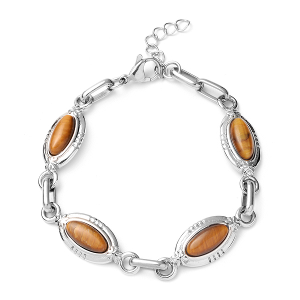 Yellow Tigers Eye Station Bracelet (Size 7.5 with 1 inch Extender) in Stainless Steel 10.00 Ct.