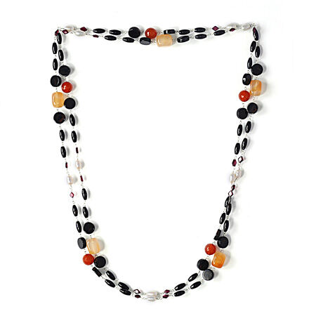 Black Onyx, Red Agate, Mozambique Garnet and Fresh Water Pearl Necklace (Size 72) in Sterling Silver