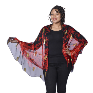 Close Out Deal- LA MAREY 100% Mulberry Silk Red Scarf with Golden Embroidery (180x110cm)