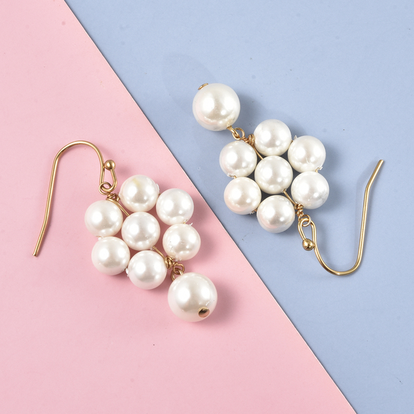 White Shell Pearl Floral Dangling Earrings (With Hook) in Yellow Gold Tone
