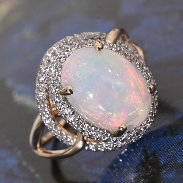 Exclusive Edition - Designer Inspired 9K Yellow Gold AAA Ethiopian Welo Opal (Ovl 4.25 Ct), Natural Cambodian Zircon Ring 5.500 Ct.Gold Wt 4.00 Gms Number of Gemstone 158