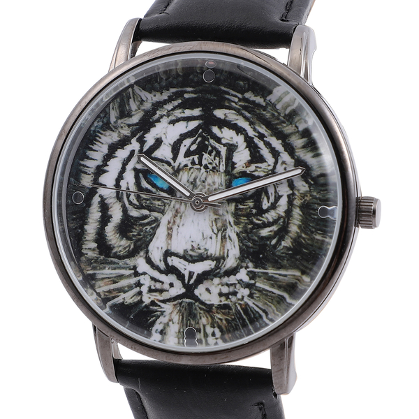 STRADA Japanese Movement 3D Tiger Head Dial Water Resistant Watch with Black Colour Strap