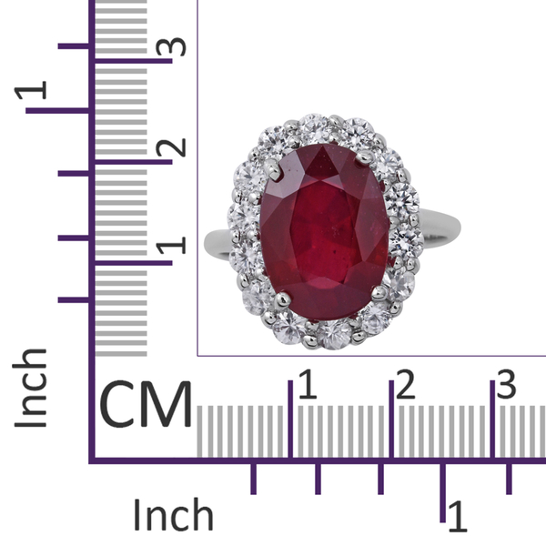 African Ruby (Ovl 9.00 Ct), Natural Cambodian White Zircon Ring in Rhodium Overlay Sterling Silver 11.720 Ct, Silver wt 5.52 Gms