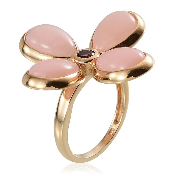 Peruvian Pink Opal (Pear) , Rhodolite Garnet Floral Ring in Yellow Gold Overlay Sterling Silver 9.500 Ct.