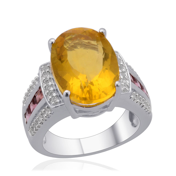 Yellow Fluorite (Ovl 6.65 Ct), Indian Garnet and White Topaz Ring in Platinum Overlay Sterling Silve
