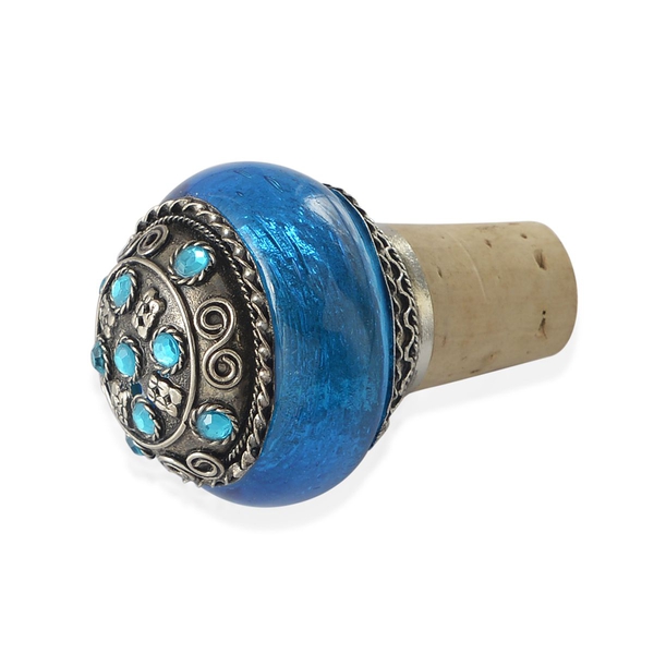 Home Decor - Brass Silver Plated Blue Glass Bottle Opener and Cork Stopper in a Box