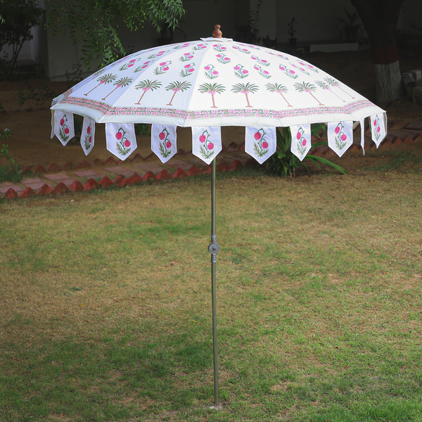 100% Cotton Canvas Hand Block Floral Printed Ethnic Parasols (Size 243x200cm, Dia 212cm) - Off White, Pink & Green