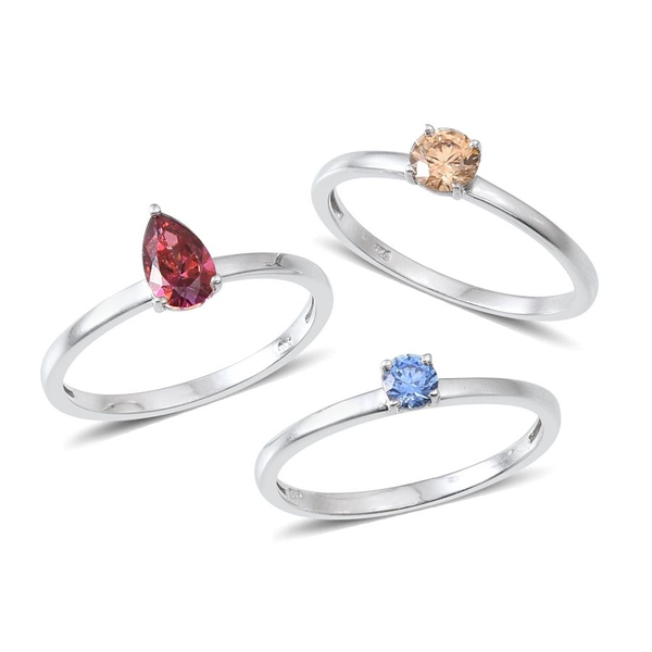 Set of 3 - Platinum Overlay Sterling Silver Solitaire Ring Made with Red, Yellow and Blue  ZIRCONIA 